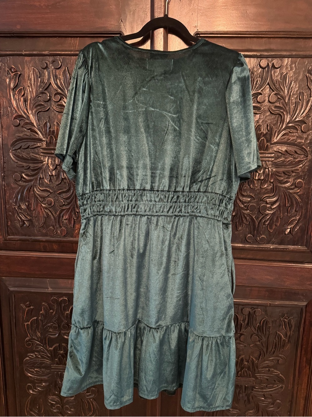 French Connection Forest Green Velvet Short Sleeve Tiered Mini Dress - Picture 6 of 8